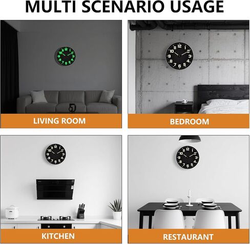 Glow in The Dark Wall Clock, 8" Silent Non-Ticking Wall Clocks Battery Operated, Large Easy Read Numbers Tempered Glass Night Light Analog Clock for Bedroom Living Room Kitchen Office, Black in Kuwait