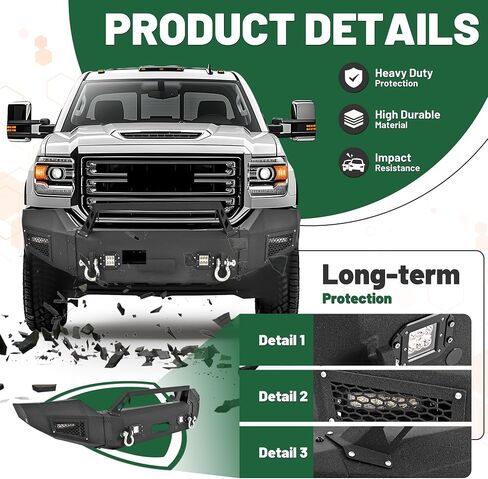 KUAFU Off-Road Front Bumper Compatible with 2015-2019 GMC Sierra 2500 HD 3500 HD w/LED Lights, D-rings, Winch Plate Powder Coated Steel Textured Black in Saudi Arabia