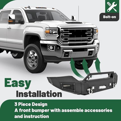 KUAFU Off-Road Front Bumper Compatible with 2015-2019 GMC Sierra 2500 HD 3500 HD w/LED Lights, D-rings, Winch Plate Powder Coated Steel Textured Black in Saudi Arabia