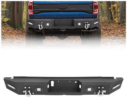 kuafu الخطوة الخلفية المصد متوافق مع 2015-2020 Ford F150 F-150 الشاحنة الشاحنة الثقيلة مع الحلقات مع د/د ، 4 × مصابيح LED ، ثقوب المستشعر ، قوس لوحة الترخيص الصلب المسحوق المطلي باللون الأسود in Saudi Arabia