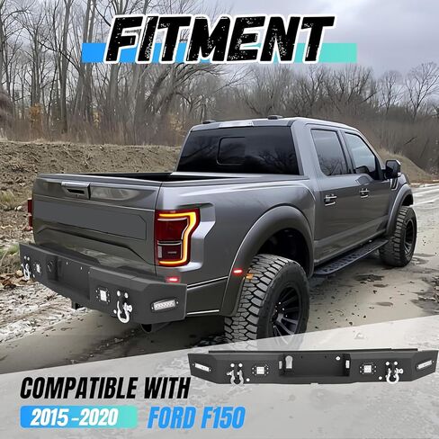 kuafu الخطوة الخلفية المصد متوافق مع 2015-2020 Ford F150 F-150 الشاحنة الشاحنة الثقيلة مع الحلقات مع د/د ، 4 × مصابيح LED ، ثقوب المستشعر ، قوس لوحة الترخيص الصلب المسحوق المطلي باللون الأسود in Saudi Arabia