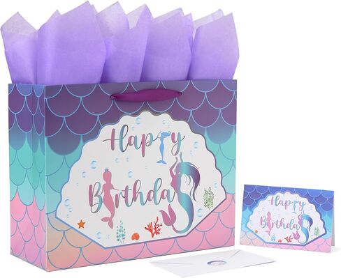 16.5" Extra Large Mermaid Happy Birthday Gift Bag Set with Handles, Greeting Card, Purple Tissue Papers and Stickers for Kids Girls Women Teens, 1 Pcs in Kuwait