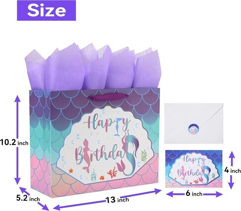16.5" Extra Large Mermaid Happy Birthday Gift Bag Set with Handles, Greeting Card, Purple Tissue Papers and Stickers for Kids Girls Women Teens, 1 Pcs in Kuwait