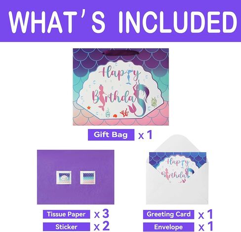 16.5" Extra Large Mermaid Happy Birthday Gift Bag Set with Handles, Greeting Card, Purple Tissue Papers and Stickers for Kids Girls Women Teens, 1 Pcs in Kuwait