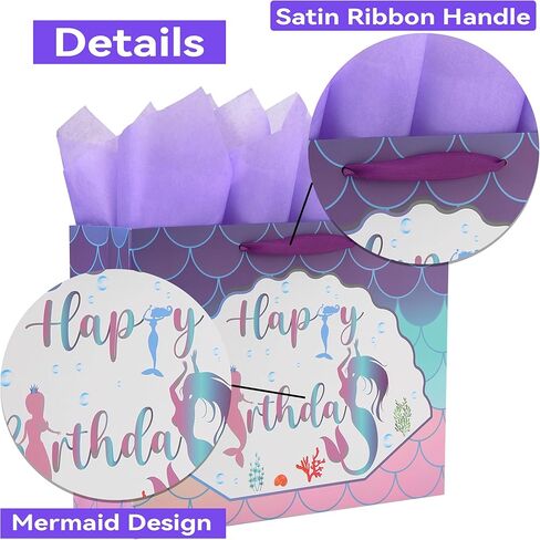 16.5" Extra Large Mermaid Happy Birthday Gift Bag Set with Handles, Greeting Card, Purple Tissue Papers and Stickers for Kids Girls Women Teens, 1 Pcs in Kuwait