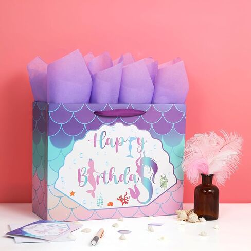 16.5" Extra Large Mermaid Happy Birthday Gift Bag Set with Handles, Greeting Card, Purple Tissue Papers and Stickers for Kids Girls Women Teens, 1 Pcs in Kuwait