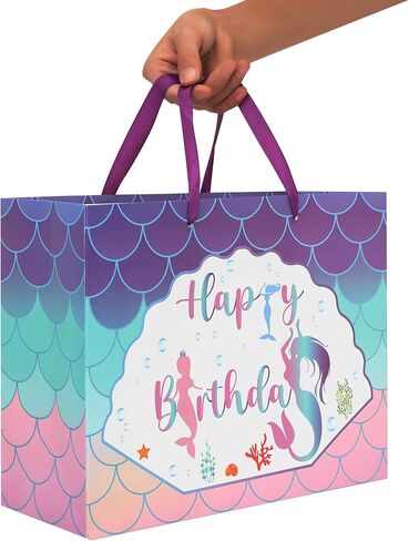 16.5" Extra Large Mermaid Happy Birthday Gift Bag Set with Handles, Greeting Card, Purple Tissue Papers and Stickers for Kids Girls Women Teens, 1 Pcs in Kuwait