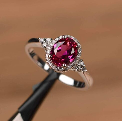 Yaya Elegant 925 Silver Plated Oval Cut Simulated Ruby Halo Engagement Ring Birth Stone Halo Solitaire Ring for Women in Kuwait