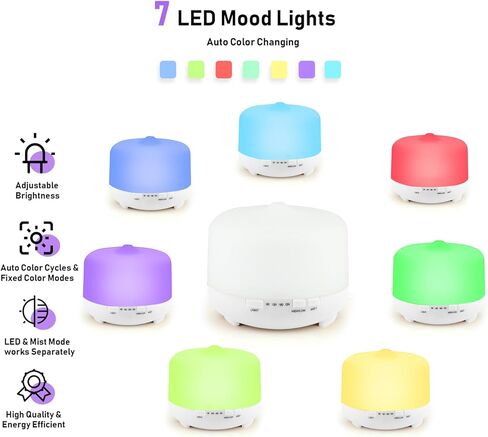 Happtws 500 مل من موزع الزيت العطري - مع 4 أجهزة توقيت و 7 إعدادات ملونة ، لا تغلق تلقائي للمياه ، مناسبة لغرفة/مكتب اليوغا (أبيض) in Kuwait