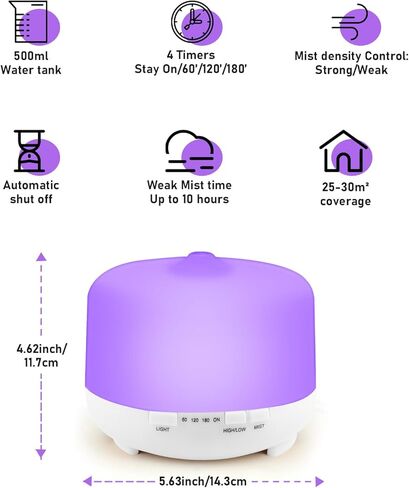Happtws 500 مل من موزع الزيت العطري - مع 4 أجهزة توقيت و 7 إعدادات ملونة ، لا تغلق تلقائي للمياه ، مناسبة لغرفة/مكتب اليوغا (أبيض) in Kuwait