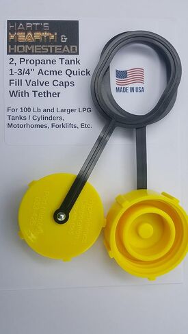 Hart's Hearth & Homestead Propane Tank 1-3/4" Fill Valve Caps W/Plastic Tether; Forklift, 100#+ Tanks, RVs, 2 Pack, Made in USA in Saudi Arabia