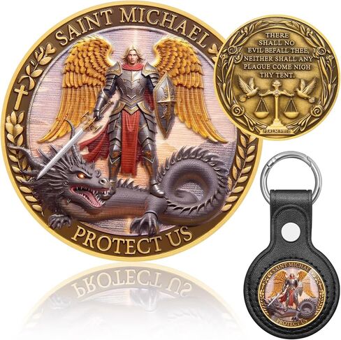 St Michael Keychain Medal 3D Relief Saint Michael Archangel Challenge Coin Religious Gift with Leather Coin Holder in Kuwait