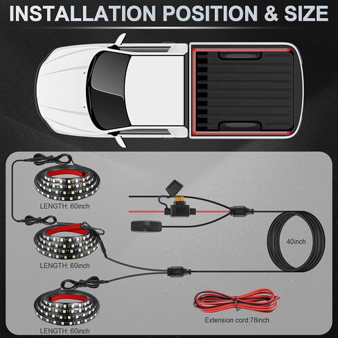 Livtee Truck Bed Lights ، 3pcs 60 inch 12v led strip strip ، flight ثنائية الاتجاه يمتد إلى الشاحنة LED شريط فاتح على مفتاح التبديل ، إكسسوارات الالتقاط للرجال-IP68 مقاوم للماء in Saudi Arabia