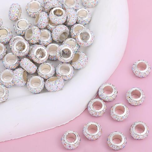 50 Pcs Large Hole Diamond Beads Rhinestone European Beads Large Hole Rondelle Crystal Hair Bead Rhinestone Spacer Beads for Braids Necklace Crafts Jewelry Making in Saudi Arabia