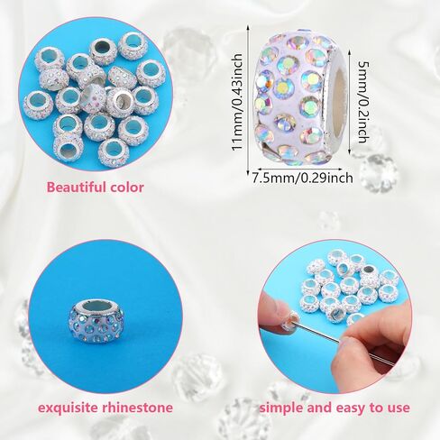 50 Pcs Large Hole Diamond Beads Rhinestone European Beads Large Hole Rondelle Crystal Hair Bead Rhinestone Spacer Beads for Braids Necklace Crafts Jewelry Making in Saudi Arabia