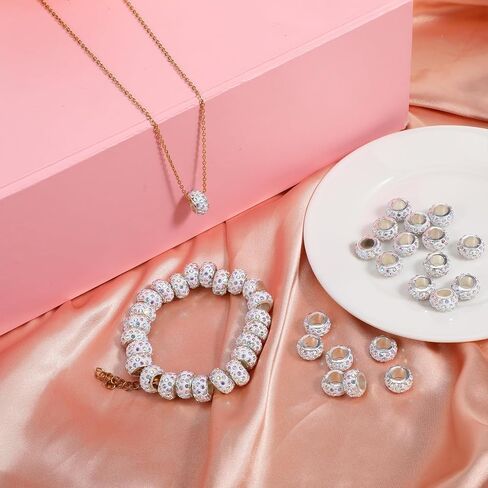50 Pcs Large Hole Diamond Beads Rhinestone European Beads Large Hole Rondelle Crystal Hair Bead Rhinestone Spacer Beads for Braids Necklace Crafts Jewelry Making in Saudi Arabia