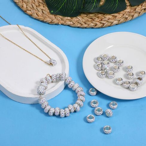 50 Pcs Large Hole Diamond Beads Rhinestone European Beads Large Hole Rondelle Crystal Hair Bead Rhinestone Spacer Beads for Braids Necklace Crafts Jewelry Making in Saudi Arabia