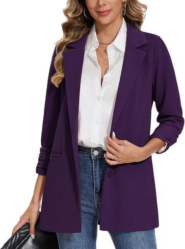 MINTLIMIT Women's Casual Long Blazer 3/4 Ruched Sleeve Lapel Button Front Work Office Blazers Suit Jacket with Pockets in Kuwait