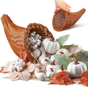 Thanksgiving Cornucopia Basket Set 13.78 Inch Large Horn of Plenty Fall Harvest Decorations with 100 Pcs Artificial Leave Acorn Pumpkin Decoration for Home Cornucopia Thanksgiving Table in Kuwait