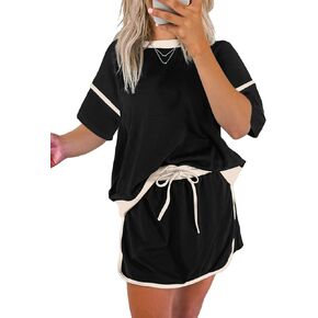 EVALESS Women's 2 Piece Sets Summer Casual Short Sleeve Tops Matching Drawstring Mini Skirt Going Out Lounge Outfits in Kuwait