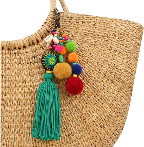 QTMY Pom Pom Shell Beads Tassel Bag Charm Pendant Boho Keyring Keychain for Women Purse Handbag Decor (6) in Saudi Arabia