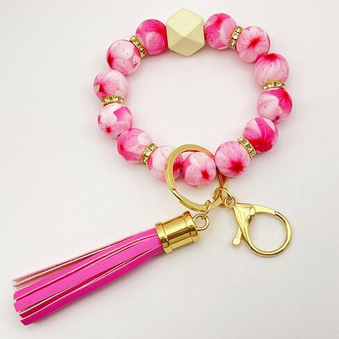Beaded Keychain Bracelet, Silicone Bracelet Flower Butterfly Wrist Key Chain Car Key Holder Key Wristlet for Women in Saudi Arabia
