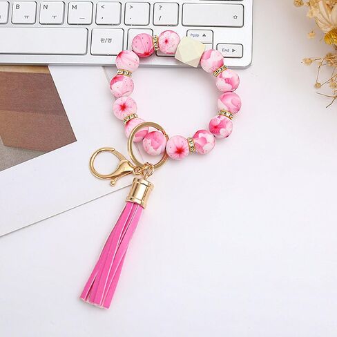 Beaded Keychain Bracelet, Silicone Bracelet Flower Butterfly Wrist Key Chain Car Key Holder Key Wristlet for Women in Saudi Arabia
