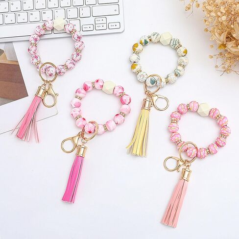 Beaded Keychain Bracelet, Silicone Bracelet Flower Butterfly Wrist Key Chain Car Key Holder Key Wristlet for Women in Saudi Arabia