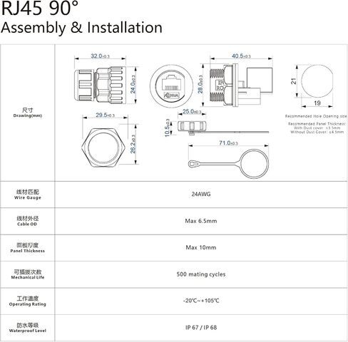 AOHUA RJ45 IP67 panel Mount Waterproof Connector with ethernet cable for cat5 cat6 (AH-RJ45-M21FC) in Saudi Arabia
