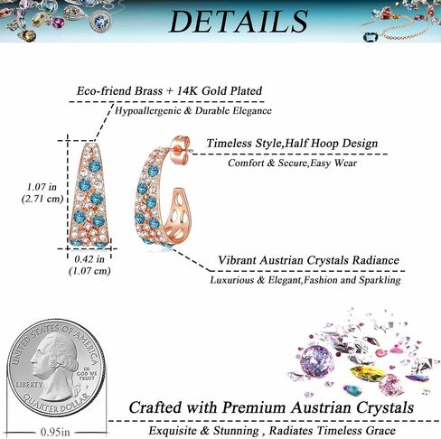Stunning Multicolor Austrian Crystal Open C Hoop Earrings for Women 14K Gold Plated Hypoallergenic Lightweight Trendy Jewelry in Kuwait