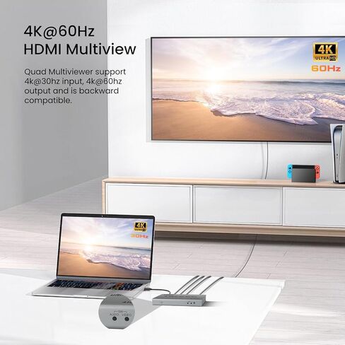 4K HDMI Multiviewer Switch 4x2، NEWCARE Quad Multi Viewer Switcher سلس 4 في 2 خارج الساحرة الأشعة تحت الحمراء عن بعد دعم تقسيم شاشة التلفزيون، HDMI مصفوفة التبديل دعم 4K @ 30HZ، 1080P، Downscaler in Kuwait