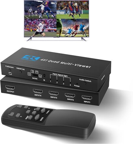 4K HDMI Multiviewer Switch 4x2، NEWCARE Quad Multi Viewer Switcher سلس 4 في 2 خارج الساحرة الأشعة تحت الحمراء عن بعد دعم تقسيم شاشة التلفزيون، HDMI مصفوفة التبديل دعم 4K @ 30HZ، 1080P، Downscaler in Kuwait