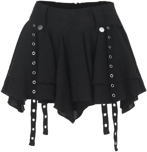 Womens Y2k Mini Skirt High Waisted Irregular Puffy Ribbon Steampunk Gothic Dancing Short Skorts M Solid Black in Kuwait