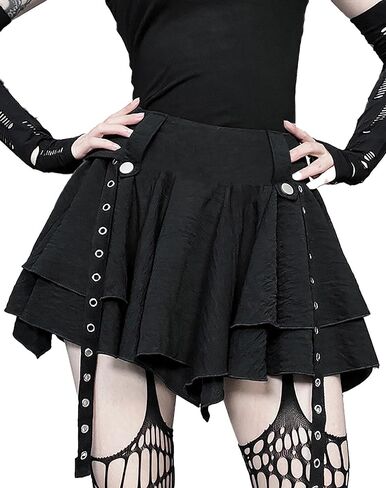 Womens Y2k Mini Skirt High Waisted Irregular Puffy Ribbon Steampunk Gothic Dancing Short Skorts M Solid Black in Kuwait