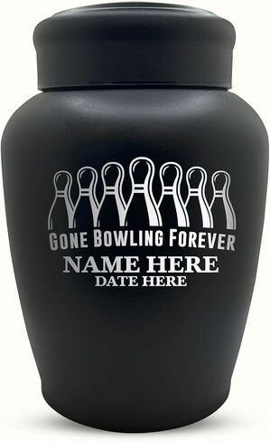 Custom Human Cremation Urn For Adult Ashes - Engraved Black Finish Stainless Steel Vessel with Name & Funny humorous Gone Bowling 1 Design - For Bowling Lovers Remains Up to 150 lbs in Saudi Arabia