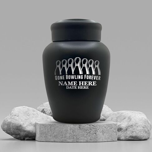 Custom Human Cremation Urn For Adult Ashes - Engraved Black Finish Stainless Steel Vessel with Name & Funny humorous Gone Bowling 1 Design - For Bowling Lovers Remains Up to 150 lbs in Saudi Arabia