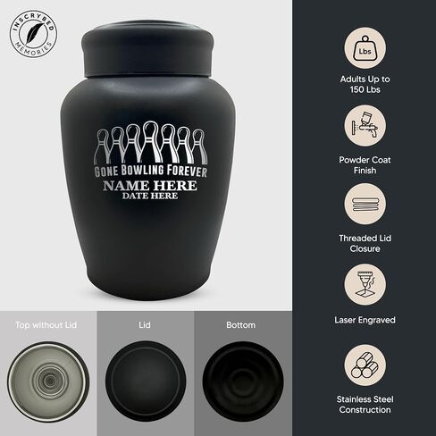 Custom Human Cremation Urn For Adult Ashes - Engraved Black Finish Stainless Steel Vessel with Name & Funny humorous Gone Bowling 1 Design - For Bowling Lovers Remains Up to 150 lbs in Saudi Arabia