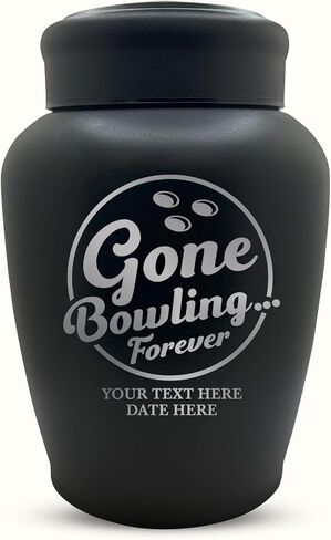 Custom Human Cremation Urn For Adult Ashes - Engraved Black Finish Stainless Steel Vessel with Name & Funny humorous Gone Bowling 1 Design - For Bowling Lovers Remains Up to 150 lbs in Saudi Arabia