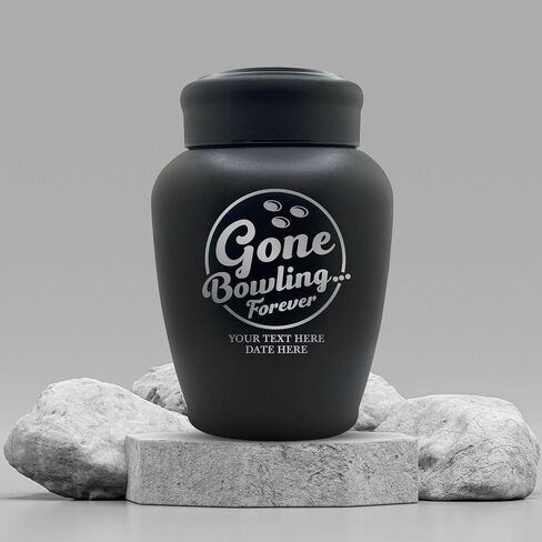 Custom Human Cremation Urn For Adult Ashes - Engraved Black Finish Stainless Steel Vessel with Name & Funny humorous Gone Bowling 1 Design - For Bowling Lovers Remains Up to 150 lbs in Saudi Arabia