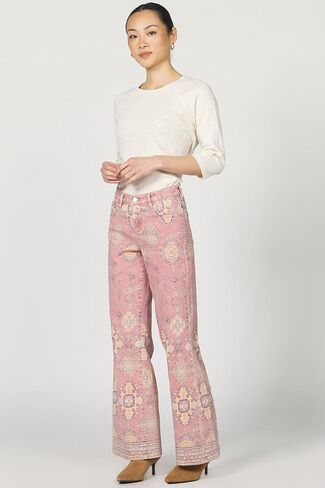 DEAR JOHN Micah Novelty Wide Leg Jeans Mid Rise Raw Cut Hem Full Length Inseam - Printed Stretch Denim - Tibetan Tapestry - Size 27 in Kuwait