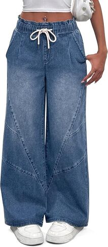 Women's Wide Leg Baggy Jeans Elastic High Waist Barrel Jean Loose Boyfriend Denim Pants with Drawstring in Kuwait