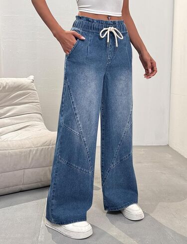 Women's Wide Leg Baggy Jeans Elastic High Waist Barrel Jean Loose Boyfriend Denim Pants with Drawstring in Kuwait