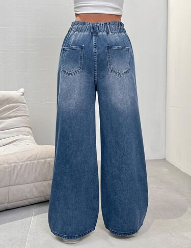 Women's Wide Leg Baggy Jeans Elastic High Waist Barrel Jean Loose Boyfriend Denim Pants with Drawstring in Kuwait