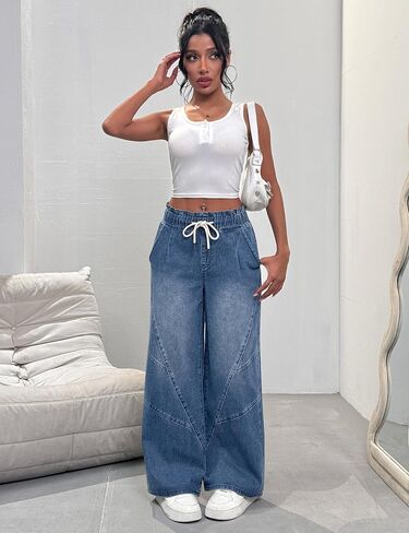 Women's Wide Leg Baggy Jeans Elastic High Waist Barrel Jean Loose Boyfriend Denim Pants with Drawstring in Kuwait