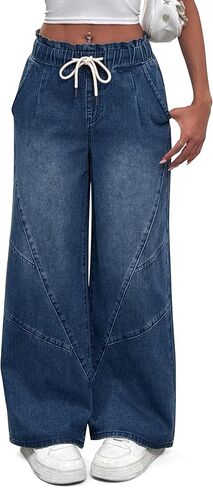Women's Wide Leg Baggy Jeans Elastic High Waist Barrel Jean Loose Boyfriend Denim Pants with Drawstring in Kuwait