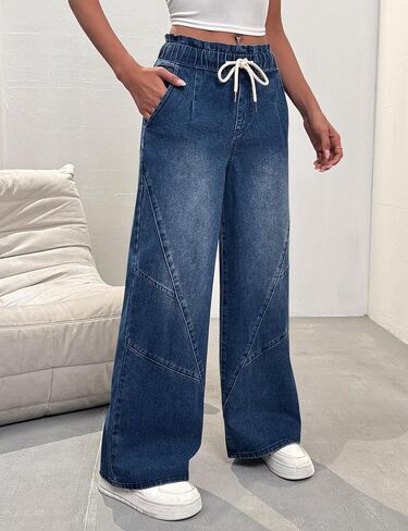Women's Wide Leg Baggy Jeans Elastic High Waist Barrel Jean Loose Boyfriend Denim Pants with Drawstring in Kuwait