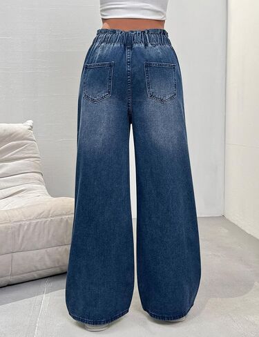 Women's Wide Leg Baggy Jeans Elastic High Waist Barrel Jean Loose Boyfriend Denim Pants with Drawstring in Kuwait