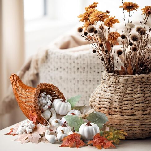 مجموعة سلة الوفرة لعيد الشكر مقاس 13.78 بوصة، تحتوي على الكثير من زخارف حصاد الخريف مع 100 قطعة من زينة اليقطين الاصطناعية لأوراق الوفرة في المنزل وطاولة عيد الشكر in Kuwait