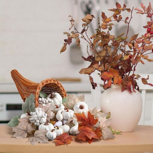 مجموعة سلة الوفرة لعيد الشكر مقاس 13.78 بوصة، تحتوي على الكثير من زخارف حصاد الخريف مع 100 قطعة من زينة اليقطين الاصطناعية لأوراق الوفرة في المنزل وطاولة عيد الشكر in Kuwait