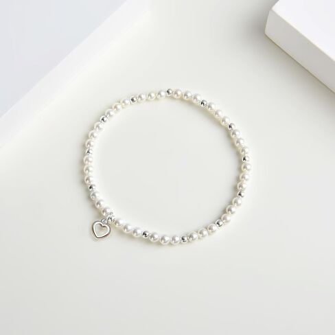 ZVVBOO 925 Sterling Silver Stretch Bracelet with Heart Pendant, Mother of Pearl, Women’s Fine Jewelry, Gift for Party in Kuwait